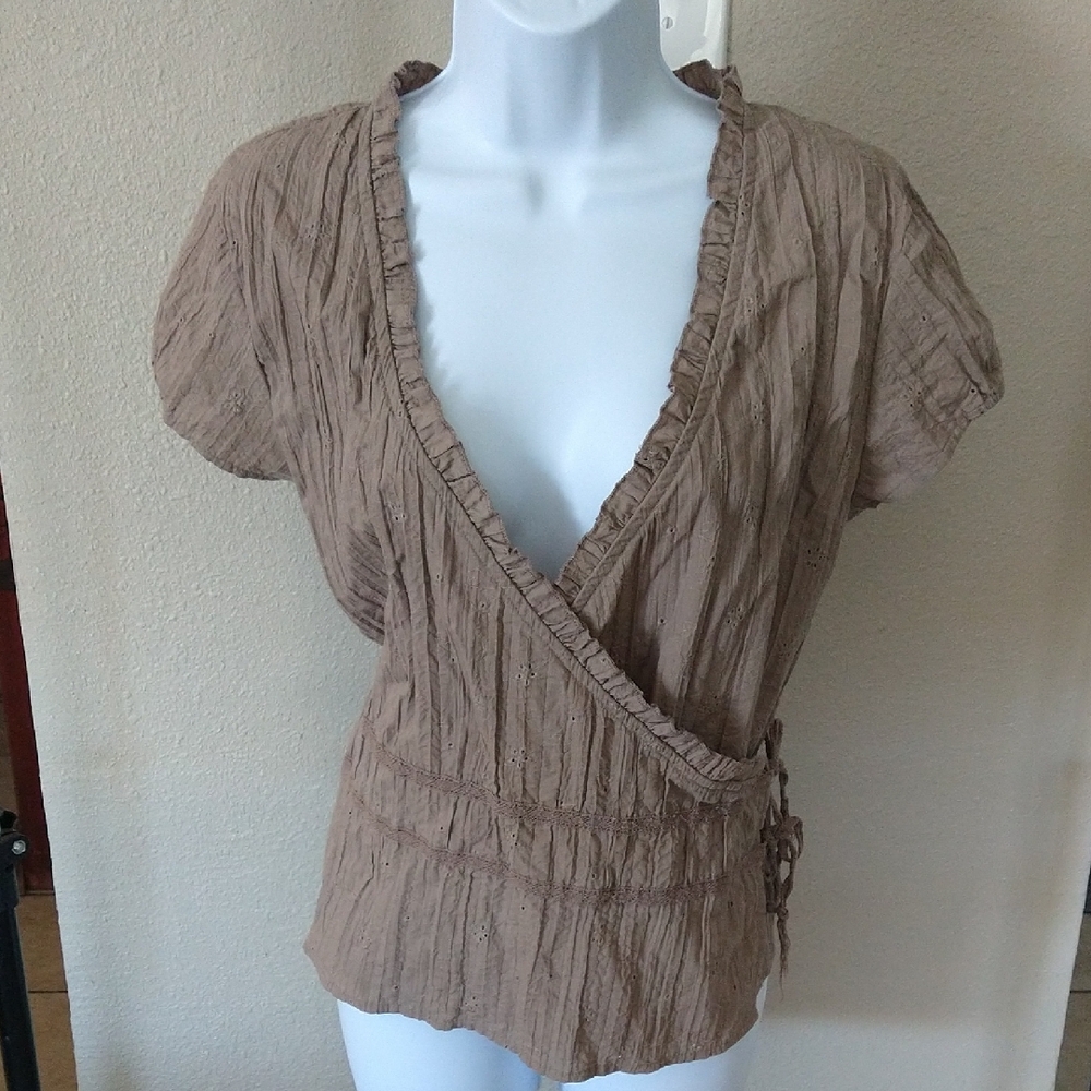 Sonoma Taupe Crinkled Wrap Blouse